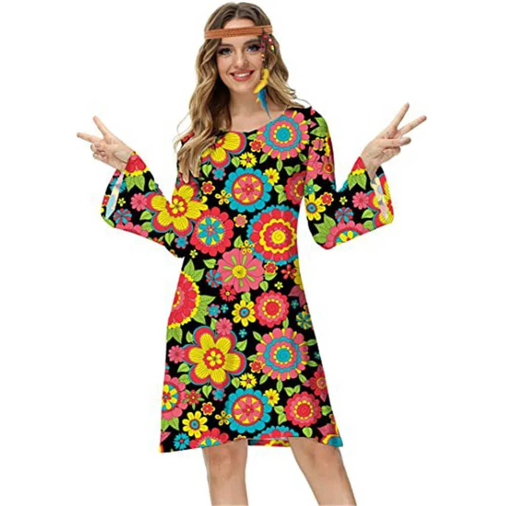 

Women's Halloween Floral 1960's 1970's Hippie Costume Dress Women Hippie Costume Halloween Party Disco 70's Dance Costume