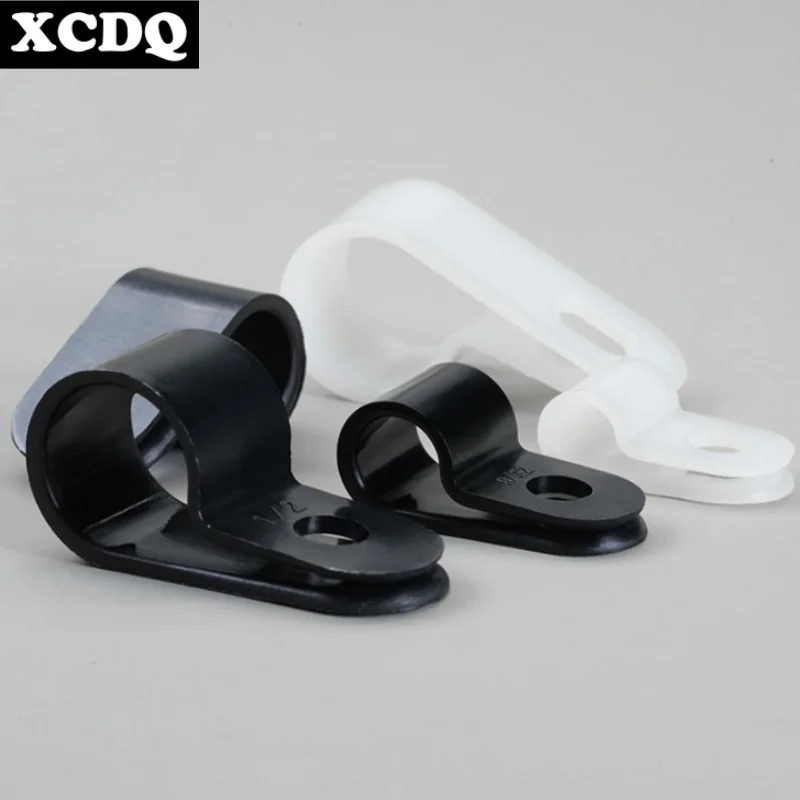Cable Clips 100pcs White R Shape Screw Fixing Nylon PA66 Plastic Desk Office Electric Wire Holder Fastener Management