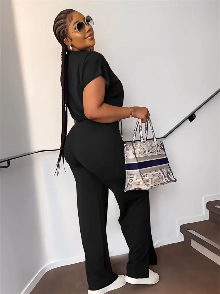 Wmstar Women Two Piece Set Casual Solid Color Short Sleeve Drawstring Zipper Jacket + Streetwear Straight Pants Matching Outfits