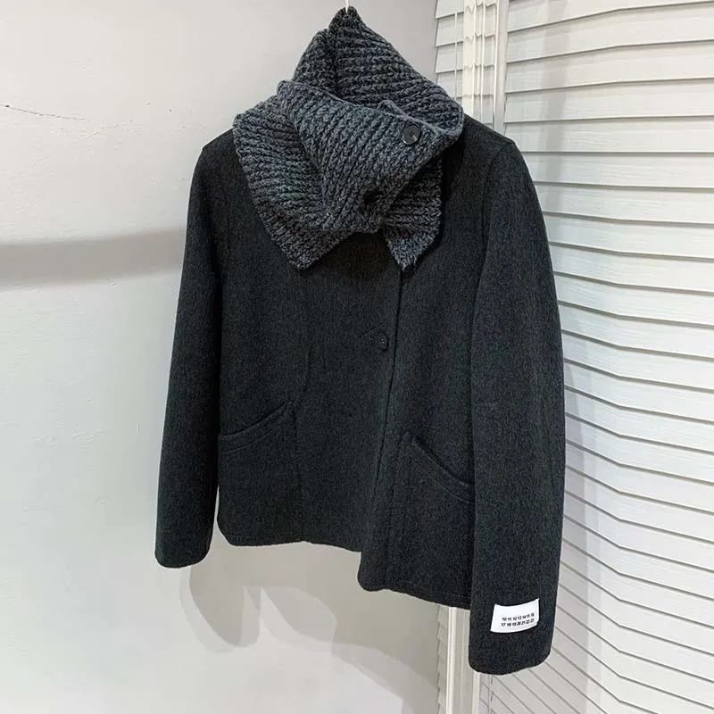 

Y2K Women High Quality Gray Scarf Wool Jacket Long Sleeve Single Breasted Knitted Loose Coat 23 Winter New Warm Soft Clothes