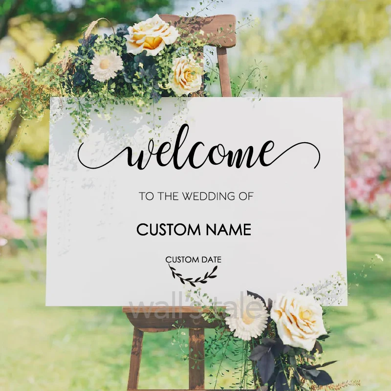 Wedding Welcome Sign Decal Rustic Wood Wedding Decor Bride and Groom Names Date Vinyl Sticker