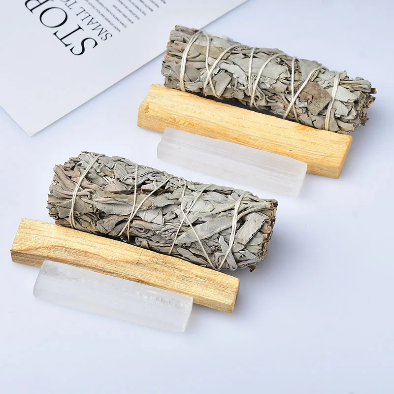 Bacchetta Di Selenite Di Cristallo Con Punto Di Pietra Di Cristallo Naturale Con Erba Di Salvia Bianca Fumosa Per Interni Purificazione Erba Incenso R