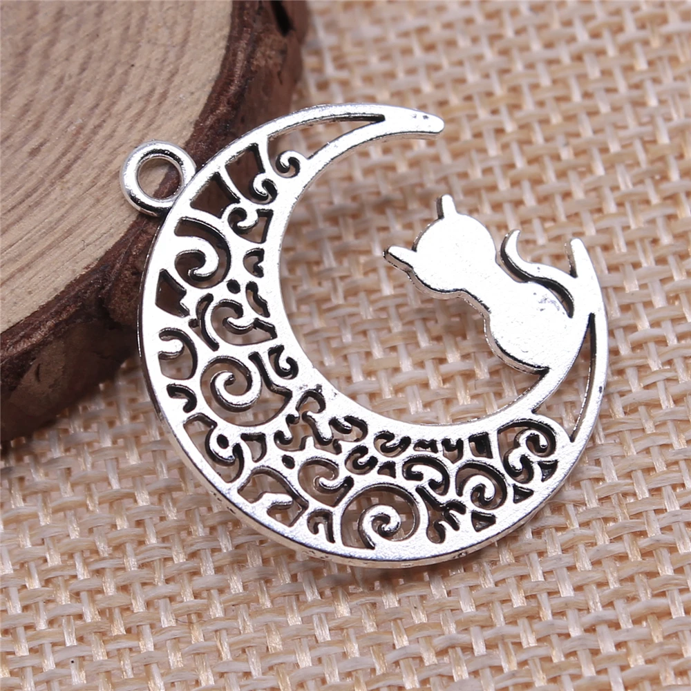 Antique Silver Color Moon Cat Charms Pendant For Jewelry Making DIY Jewelry Findings 10pcs,silver charm,silver charms,jewelry charms,metal charm