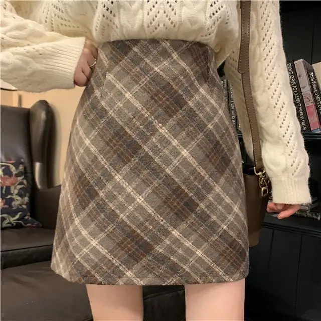 

Korean Style Plaid Pleated Skirt Female Spring and Autumn High Waist Thin A-line Short Woolen 2024 New Winter Skirts C60