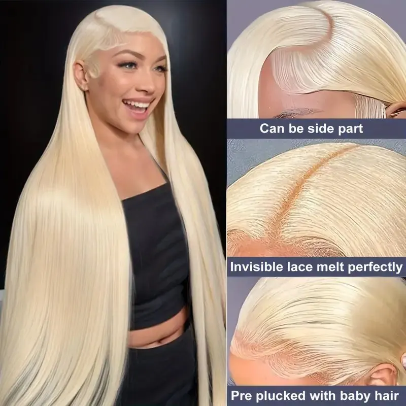 Rosabeauty 40Inches 13x6 Blonde 613 HD Glueless 13X4 Frontal Wig Preplucked 250% Straight Lace Front Human Hair Wigs For Women