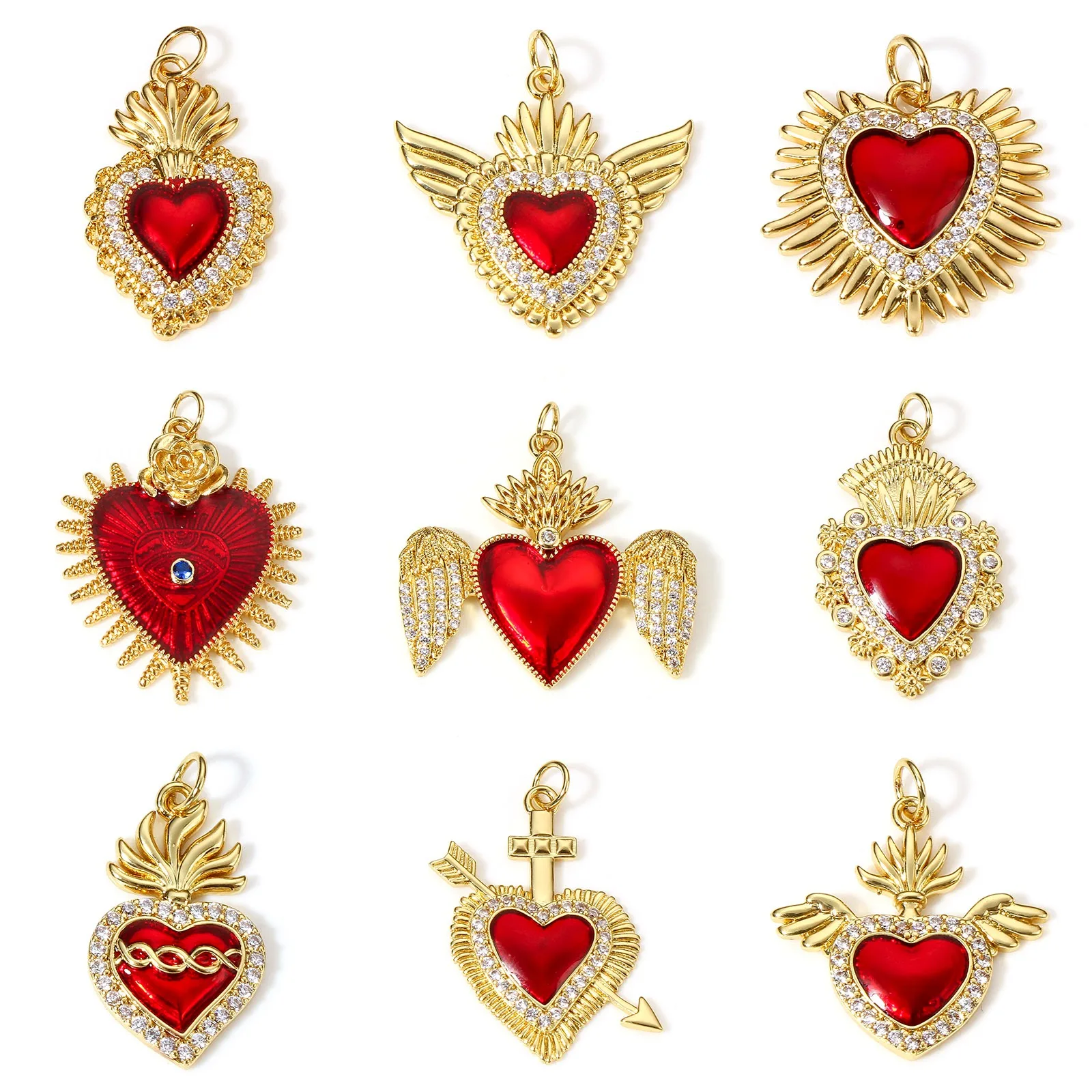 Rote Herzform Kupfer Anhänger Kupfer religiöse Anhänger 18 Karat vergoldet rot Herz Emaille Halskette Penadants Schmuck Zubehör – Detail 1