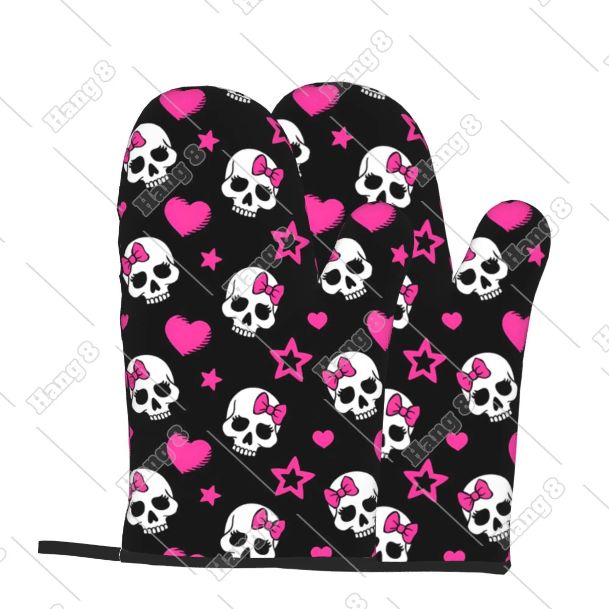 Sweet Skulls Cartoon Pink Oven Mitts Oven Gloves Heat Resistant for Barbecue Microwave Ovens Kitchen Women Men Halloween 2pc