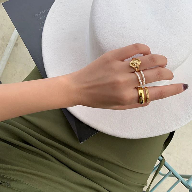Finger Ring Peri'sBox Multi Beaded Pearl Rings Natural Freshwater Pearl Geometric Rings for Women Continuous Circle Minimalist Ring finger ring
