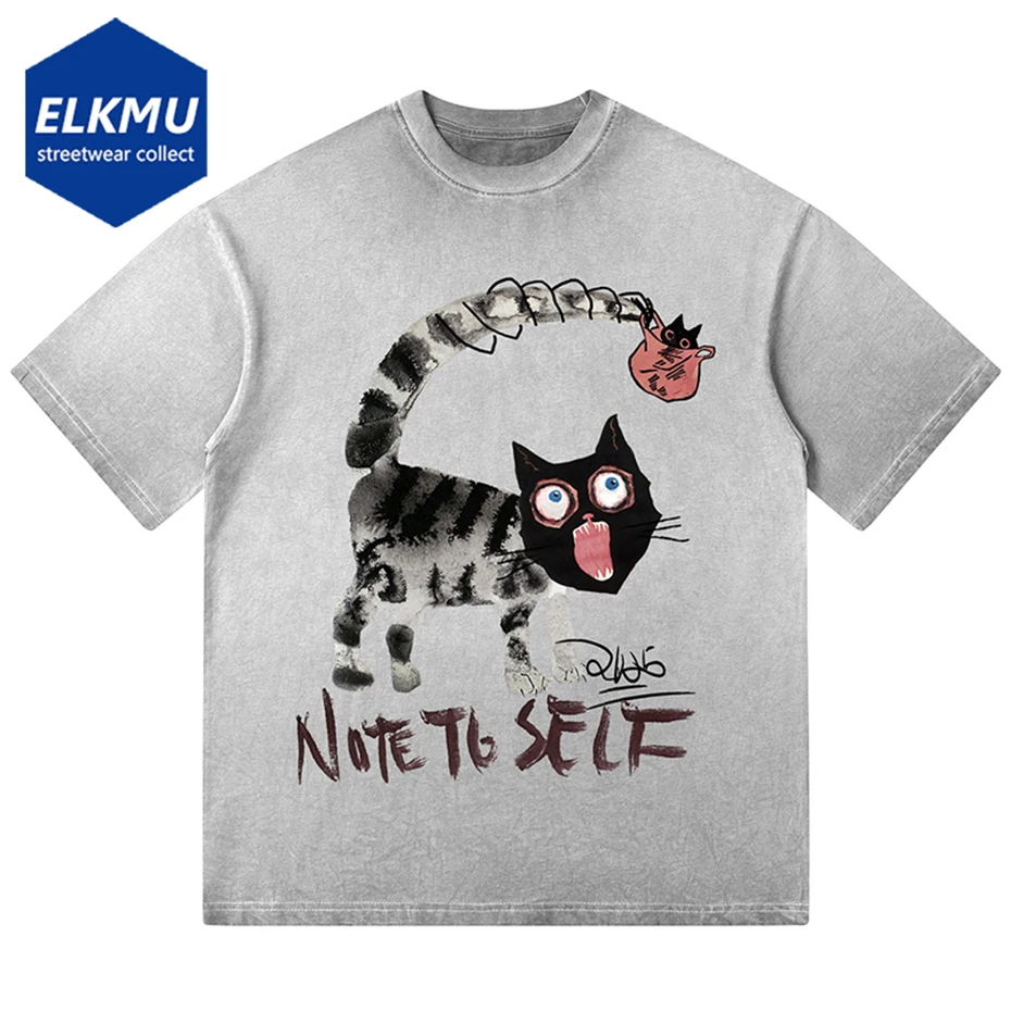 

Мужская футболка в стиле хип-хоп, свободная Винтажная Футболка большого размера в стиле Харадзюку с забавным принтом кошек, уличная одежда, лето 2024