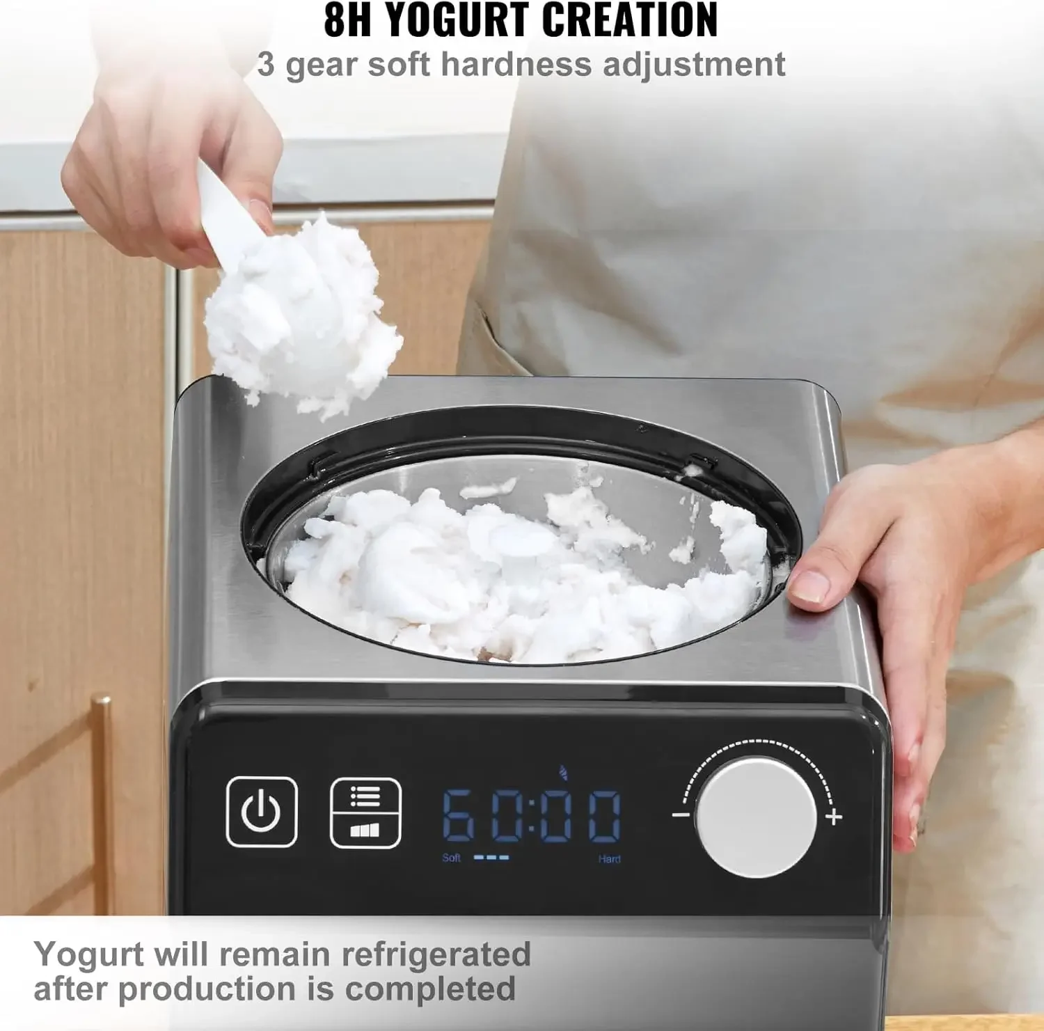 Automatic Ice Cream Maker with Built-in Compressor, 2 Quart No Pre-freezing Fruit Yogurt Machine, Stainless Steel