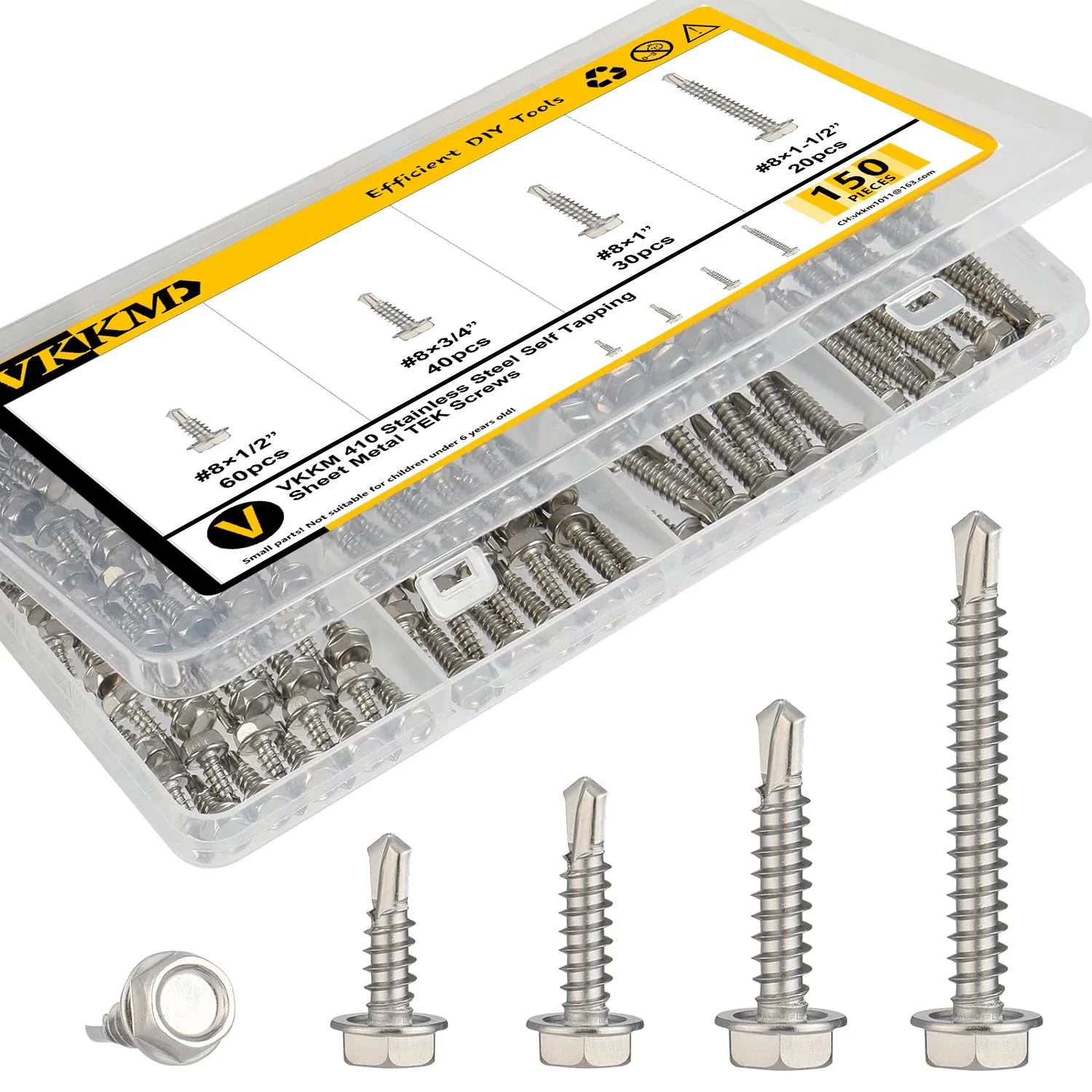 150pcs VKKM Self Drilling Screws Kit Hex Washer Head Self Tapping TEK Sheet 410 Stainless Steel Screws for DIY Construction stainless steel screws