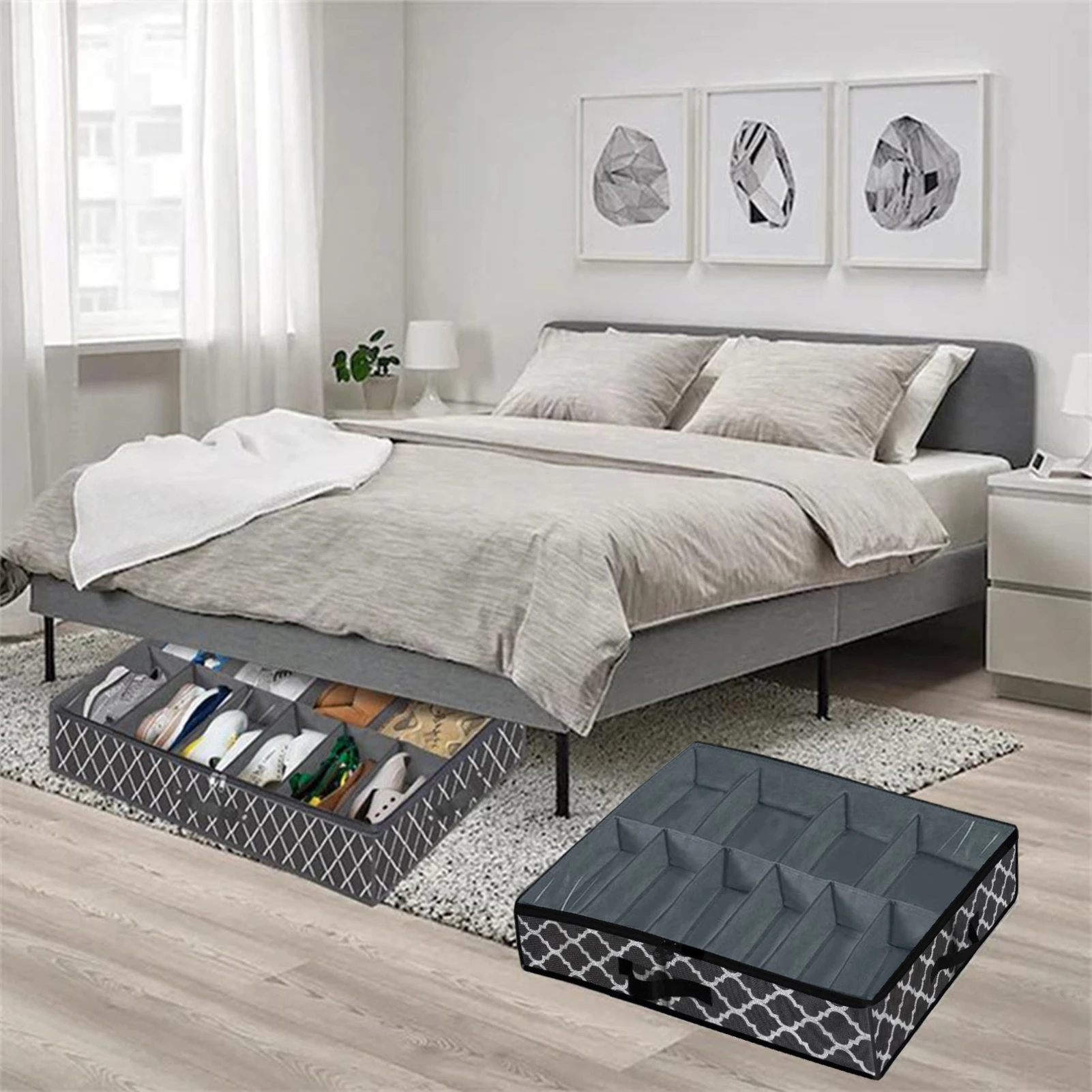 Almacenamiento de zapatos debajo de la cama, organizador de zapatos tejido, resistente, con ventana transparente para zapatillas| |