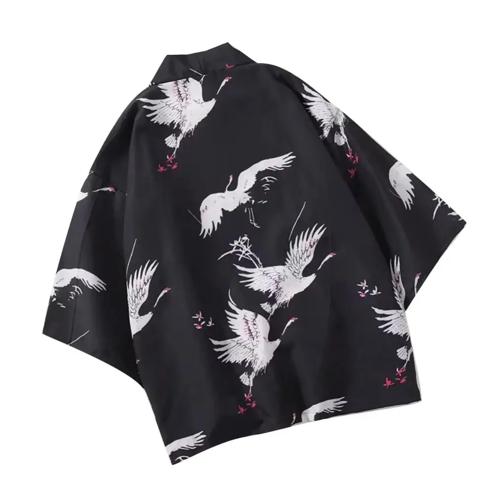 

Coat Casual Men Shirt Flying Crane Front Open 3/4 Sleeve Kimono Cardigan Yukata Shirt
