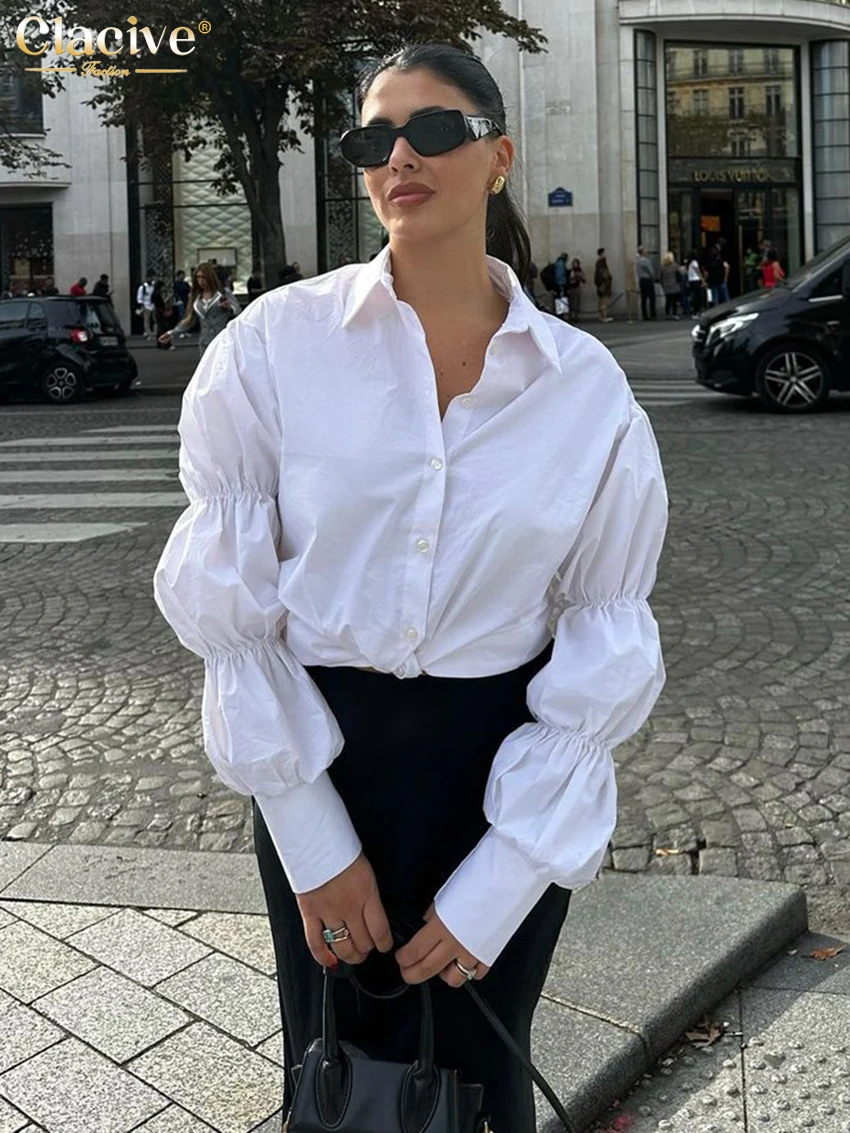 

Clacive Fashion Loose White Women'S Shirts 2024 Elegant Lapel Long Sleeve Office Blouses Casual Classic Solid Blusas Top Female
