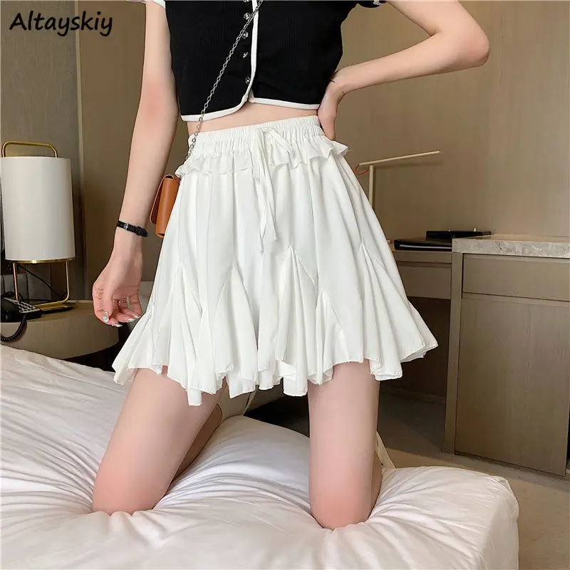 

White Mini Skirts Women Folds Irregular Ruffles Korean Style Sweet Girls Summer A-line Solid Elastic Waist Lace-up Casual Preppy