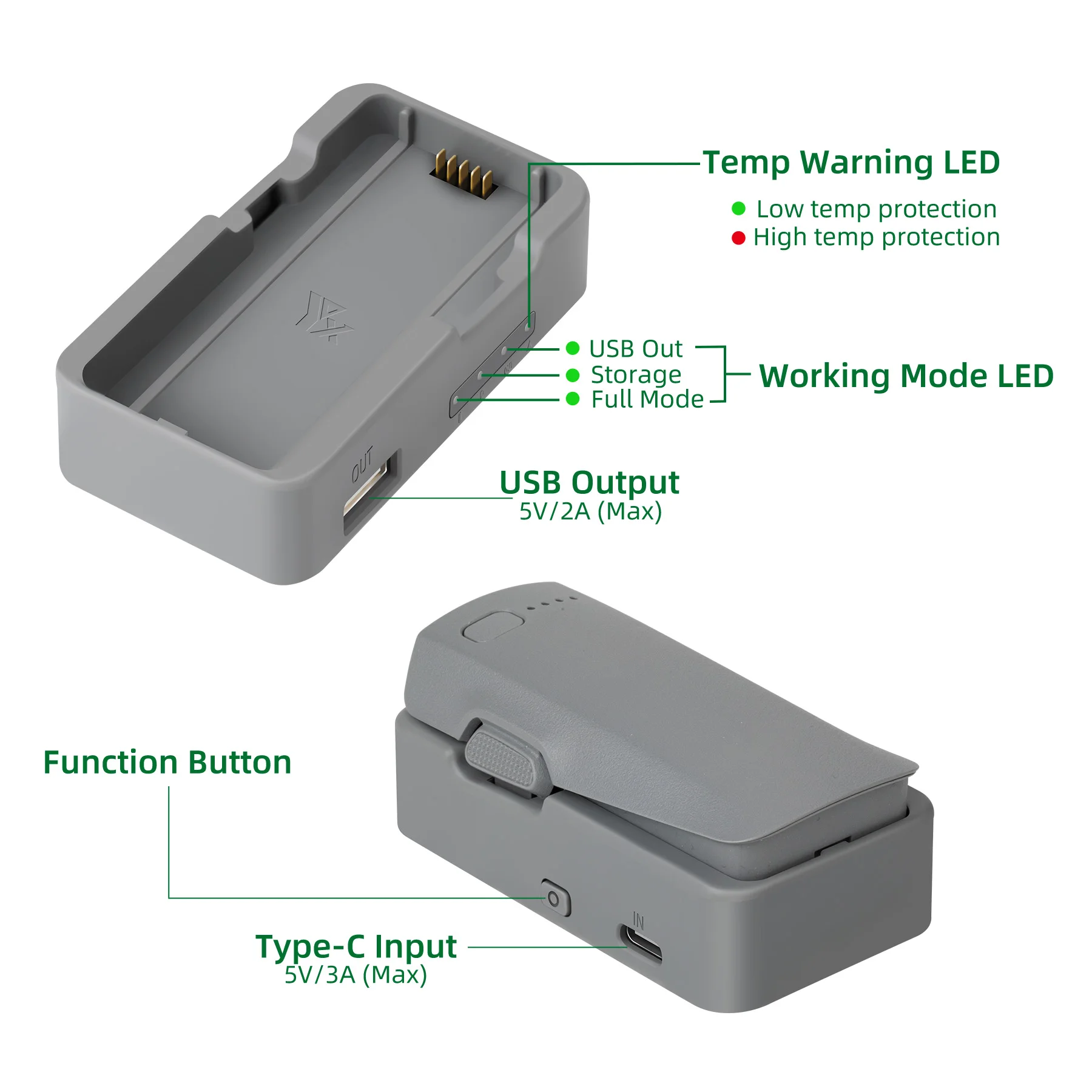 Vue rapprochée du chargeur de batterie DJI Neo 2 montrant les contacts dorés.