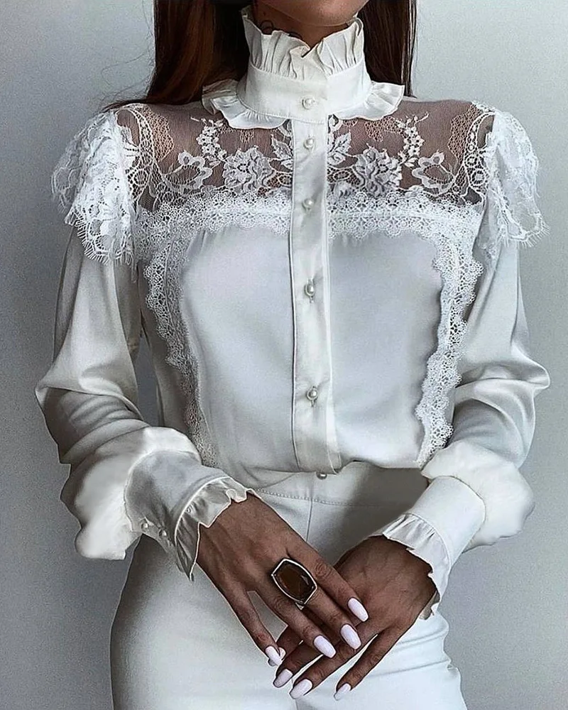 Vintage Shirts Women Blouses Solid Lace Decoration Mesh Button Long Lantern Sleeves Stand Collar Sweet White Blouses Female Tops