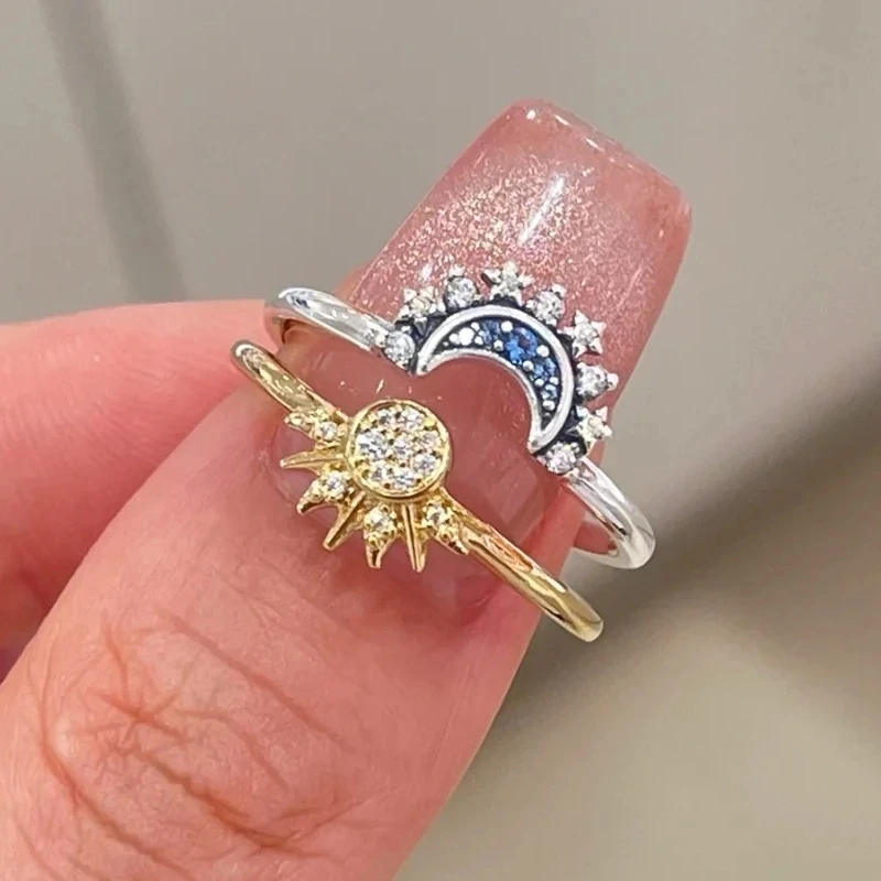 

Summer Celestial Blue Sparkling Moon And Sun Ring For Women Cocktail Stackable Finger Band Fashion Silver 925 Fine Jewellry