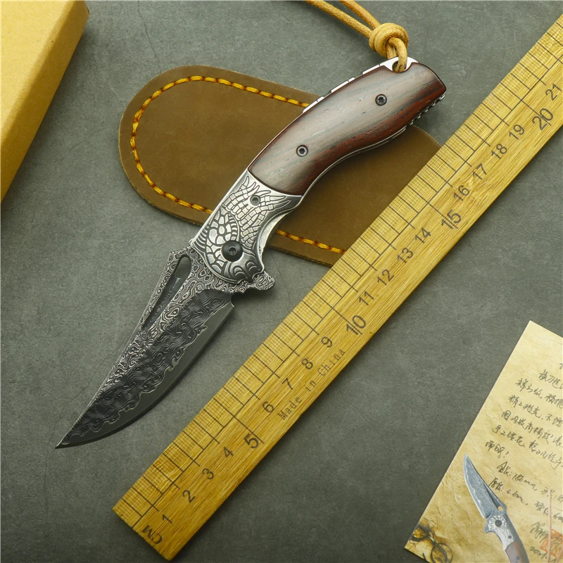 

Damascus Steel Folding Knife VG10 Wooden Handle Outdoor Camping Survival Hunting Blade Sharp High Hardness Tactical EDC Tool