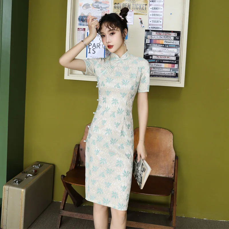 

Китайский стиль Qipao, винтажные элегантные летние улучшенные платья-Ципао с цветочным принтом, сказочные зеленые платья, традиционный Восточный Костюм для девушек