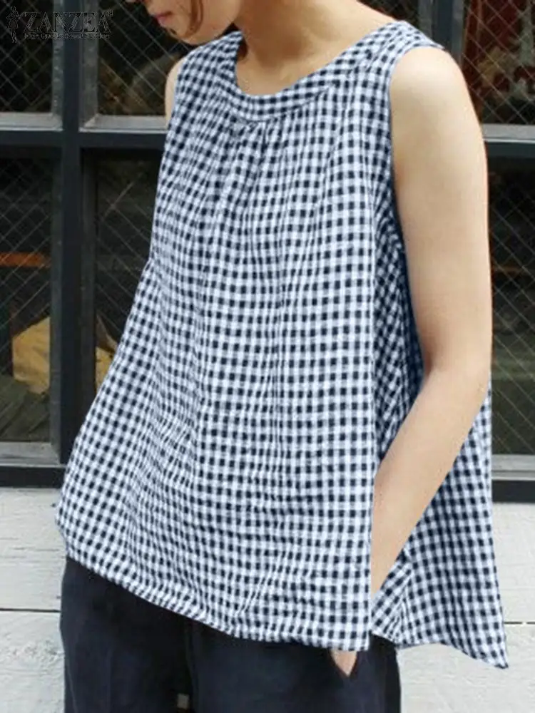 ZANZEA Sleeveless Lace-Up O-Neck Baggy Shirts Women Summer Grid Printed Tank Blouse Fashion Elegant Holiday Casual Party Tops