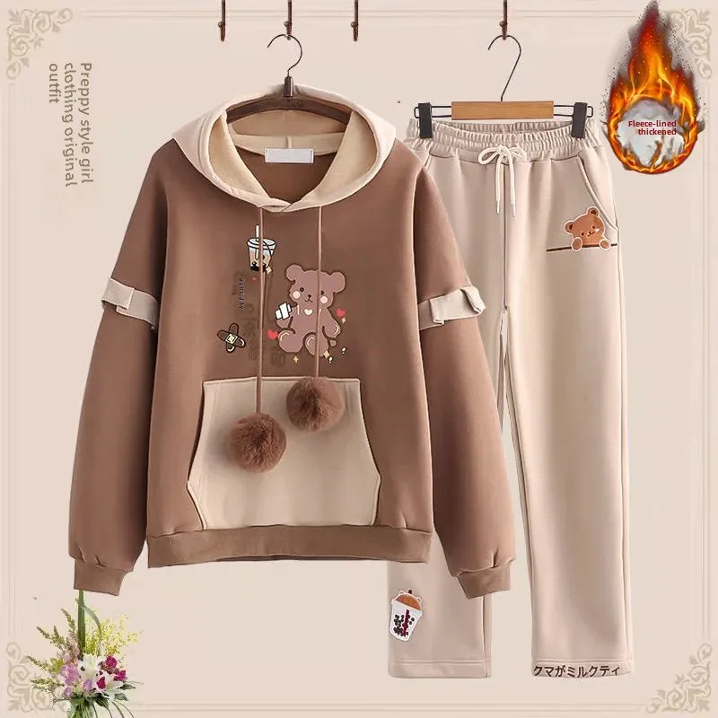 الخريف الشتاء الصوف مبطن سميكة Sweatshirtsuit 2 قطعة مجموعة ل 12-17 سنة المرأة لطيف الدب تصميم فستان كاجوال