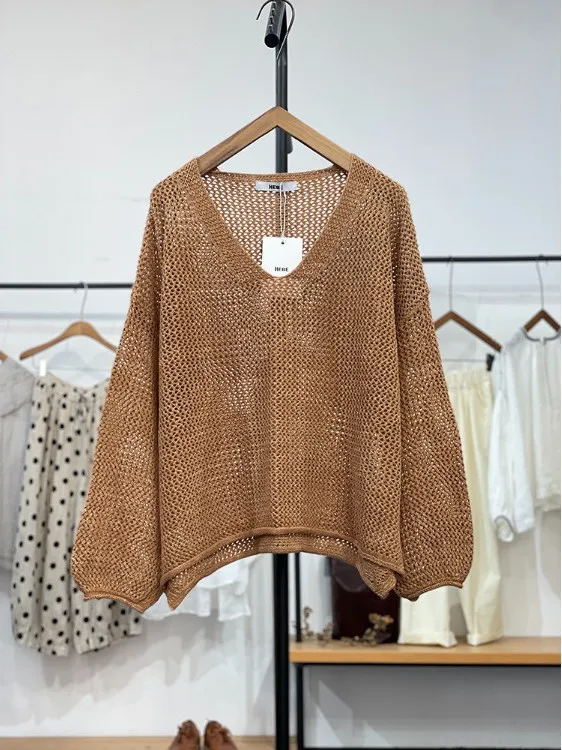 Spring 2025 Sweet V-Ne Hollow out Knitted Sweater Women's Breathable Loose Versatile Knitwear Casual Commute Sle Long Sve