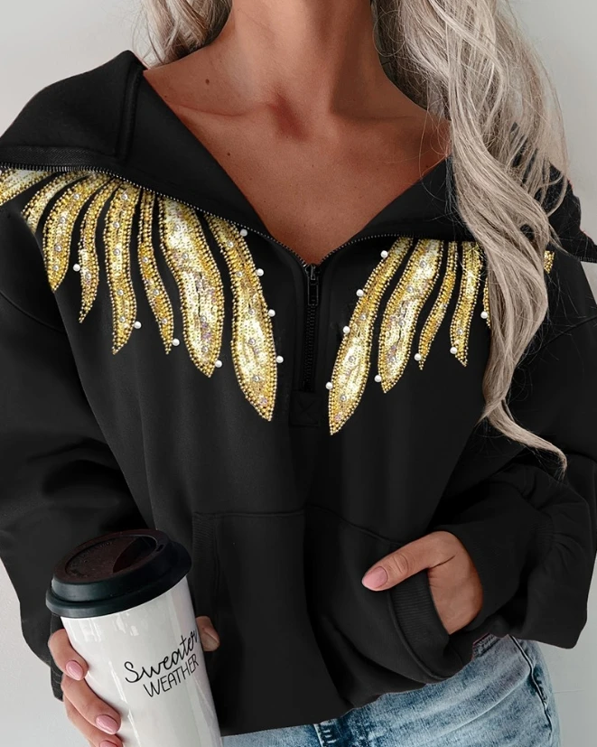 Y2K Women's Outerwear 2023 Winter New Fashion Casual Pocket Design Graphic Decor Contrast Sequin Zipper Design Sweatshirt