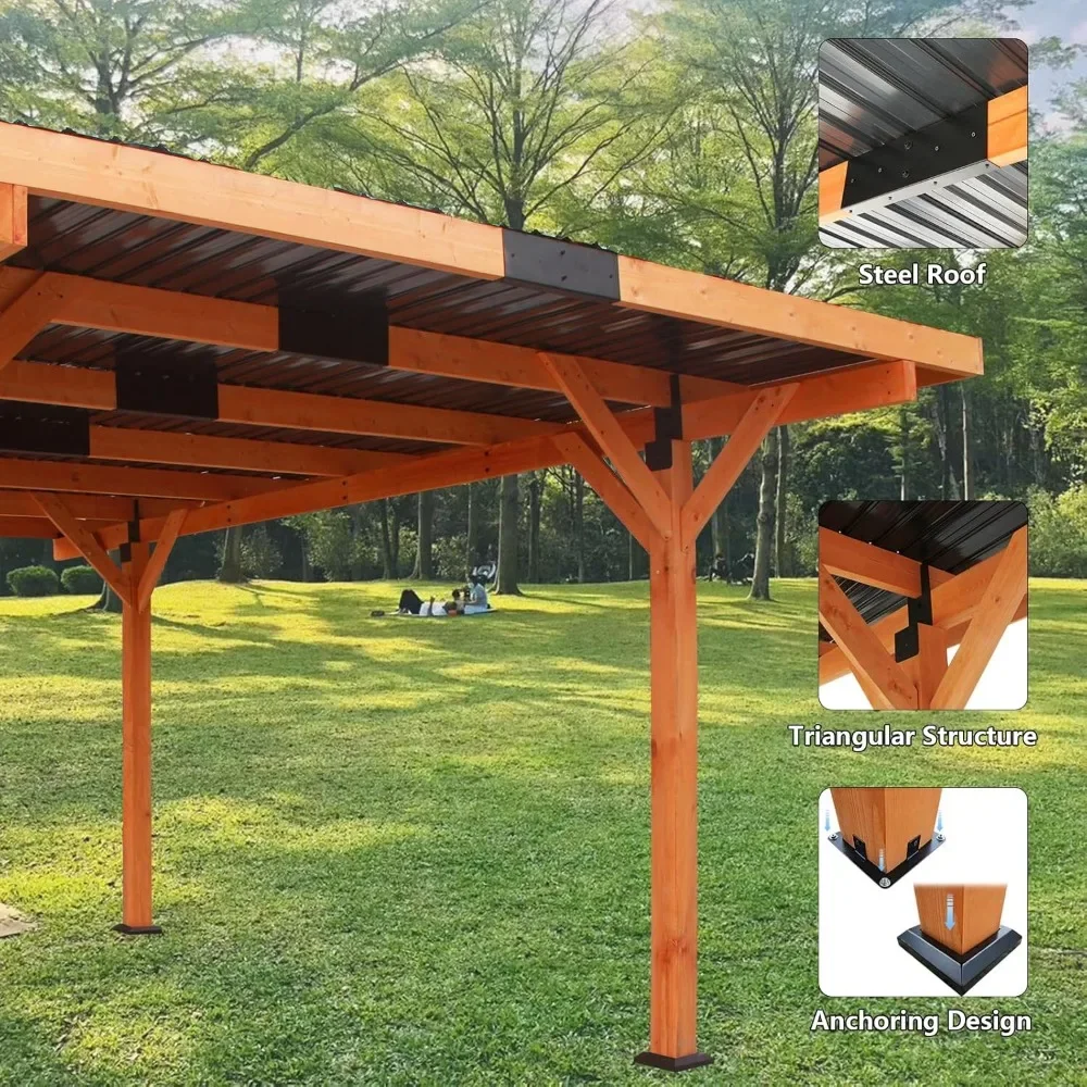 18.3 x 12.6 x 7.8 FT heavy-duty wooden carport, outdoor carport shelter with steel roof, hardtop pavilion for parking vehicles