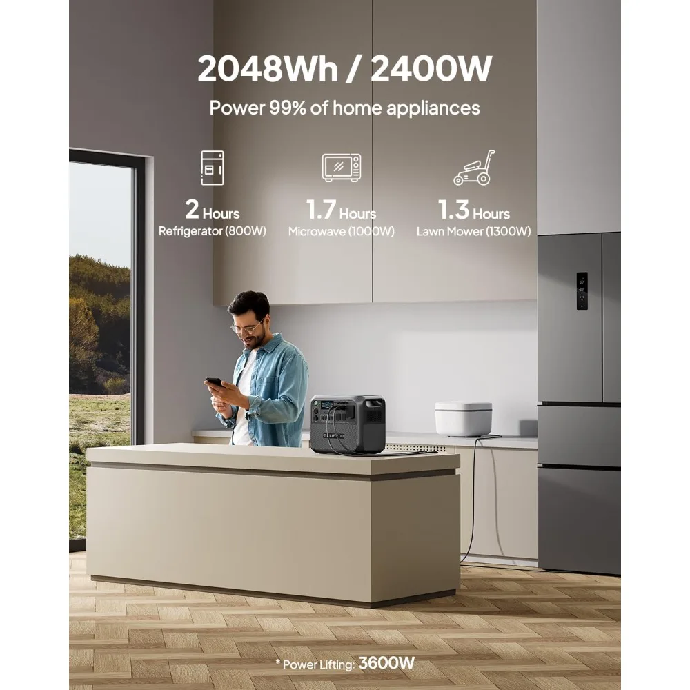 Portable Power Station, Equipped with 200W Solar Panels, 2048Wh Battery Backup Power Supply, and 4 2400W AC Power Sockets 2