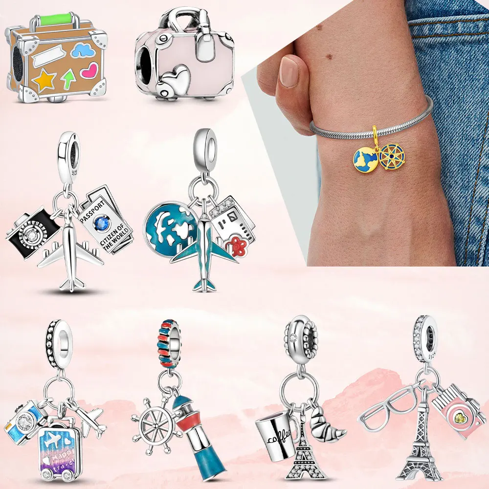 S 여행 펜던트 비행기 가방, 매력적인 핏 팔찌 및 목걸이, 여성용 DIY 패션..