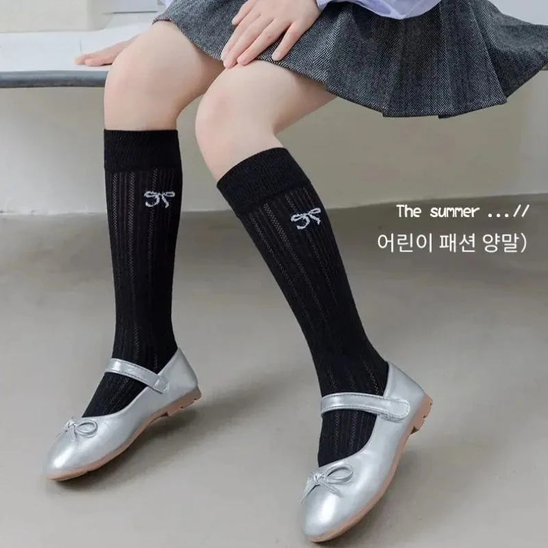 Girls Cotton Socks 2025 Summer Long Socks Children Bow Cute Solid Mesh Breathable Thigh Socks