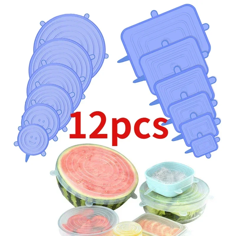 Food Cover 12 PCS Adaptable Silicone Lids Round Square Covers Caps Universal Dish Stretch For Cans Kitchen Accessories