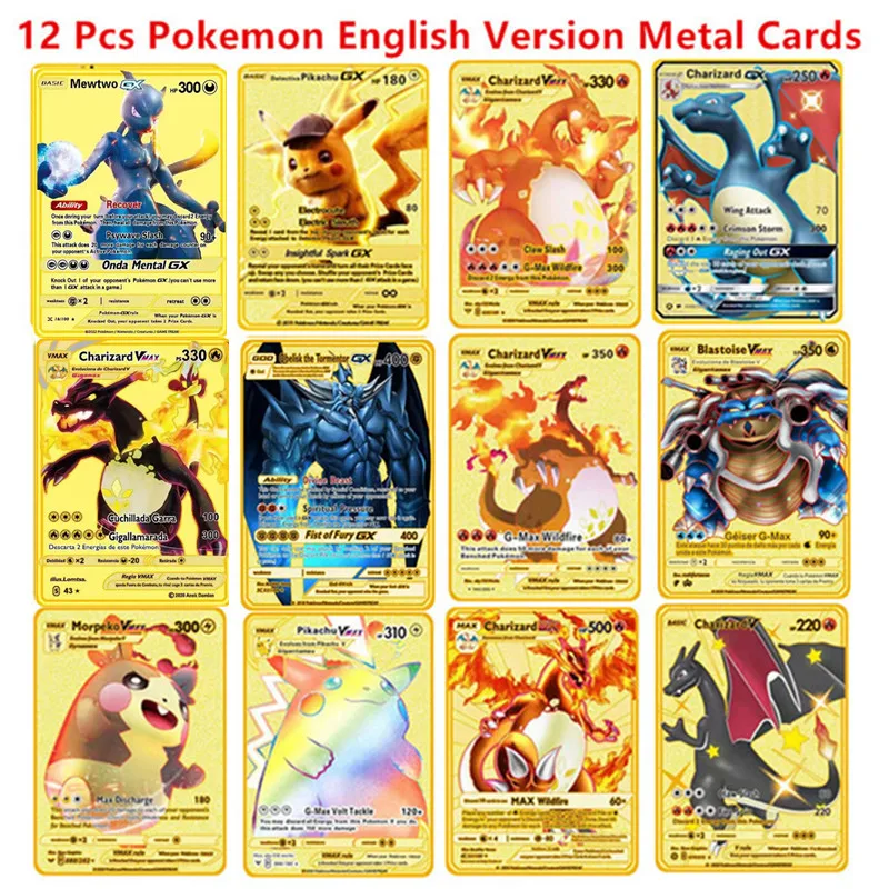 thumbnail image 1 of 6-12 Pcs/Set English Version Metal Card Pikachu Anime Figure Battle Carte Trading Pocket Monster Cards Model Toy Gifts, 1 of 5