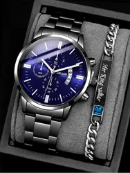 2PCs Men's Business Gentleman Steel Band Calendar Quartz Watch+Chain Bracelet Set Watch
