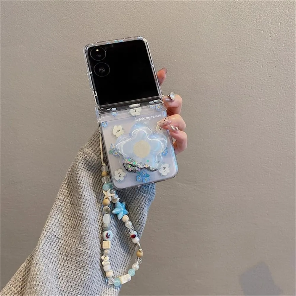 Charming Blue Floral Quicksand Chain Phone Case with Stand