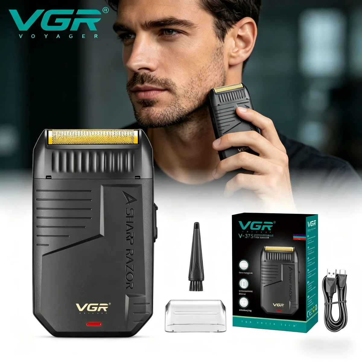 VGR 전기면도기 전문가용 수염 트리머 충전식 면도기 LED 얼굴 면도기 미니 휴대용 남성용 면도기 V-375