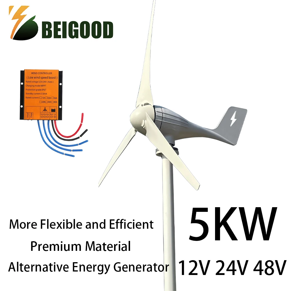 5000W Horizontal Wind Turbine Home Appliance Generator 12V 24V 48V Low Start Speed Free Alternative Energy Camping Windmill