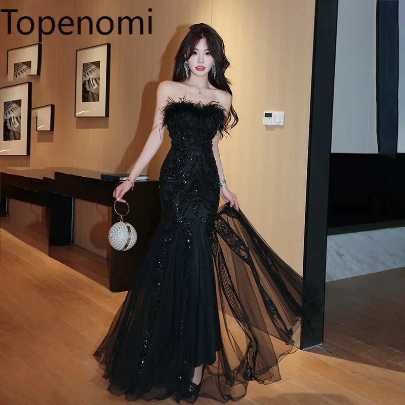 

Topenomi Strapless Party Dress Women Summer Feather Sequin Patchwork Mesh Fishtail Long Evening Gown Luxury Slim Wedding Dresses