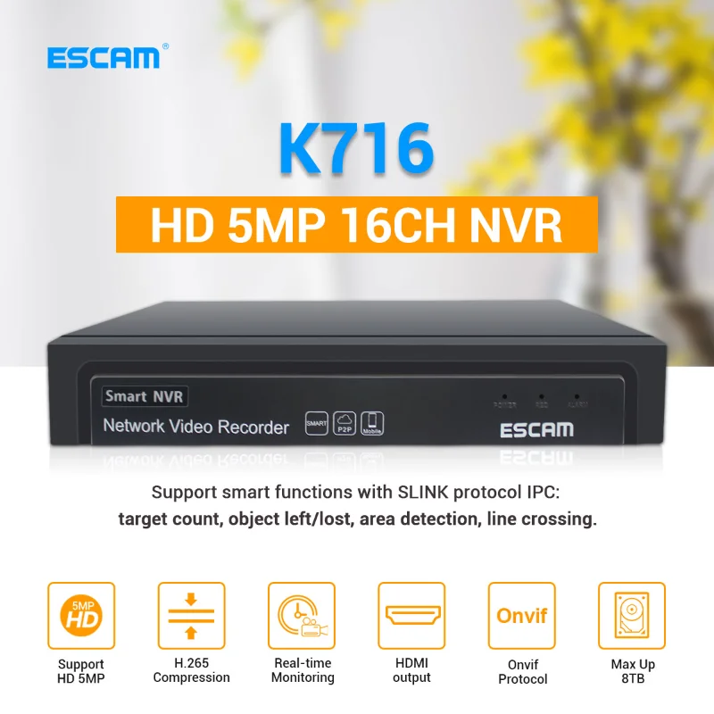 

Видеорегистратор ESCAM K716, 16 каналов, 5 МП, NVR, H.265, ONVIF, 4K, NVR, IP-камера наблюдения, система видеонаблюдения с поддержкой 8 ТБ
