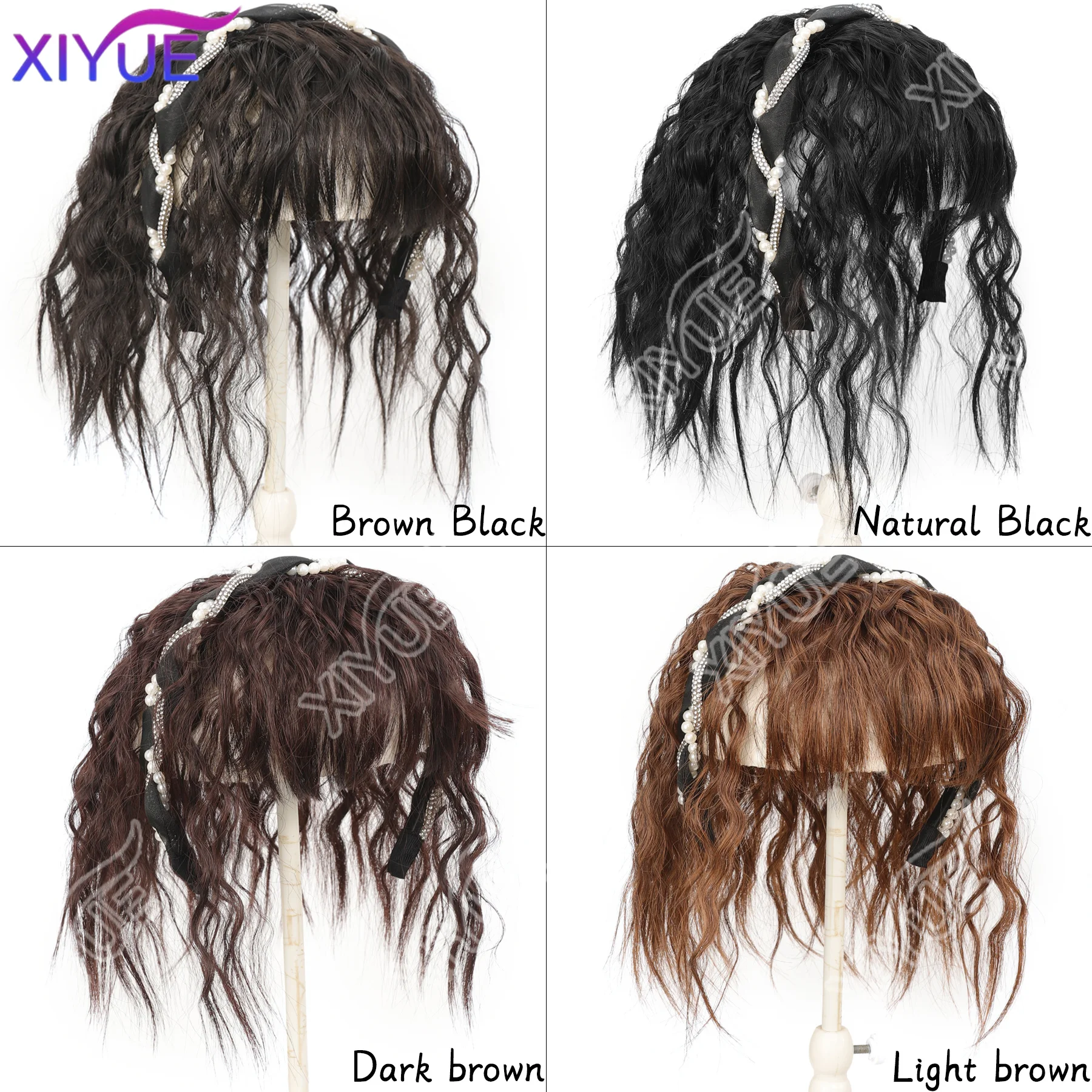 XIYUE Hairband wig bangs wig female one natural curly hair covered white hair on the top of the head thin bangs wig piece