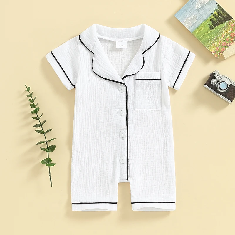 0-24M Baby Pajamas Jumpsuits Boys Girls Short Sleeve Lapel Button Down Romper Summer Newborn Infant Sleepwear