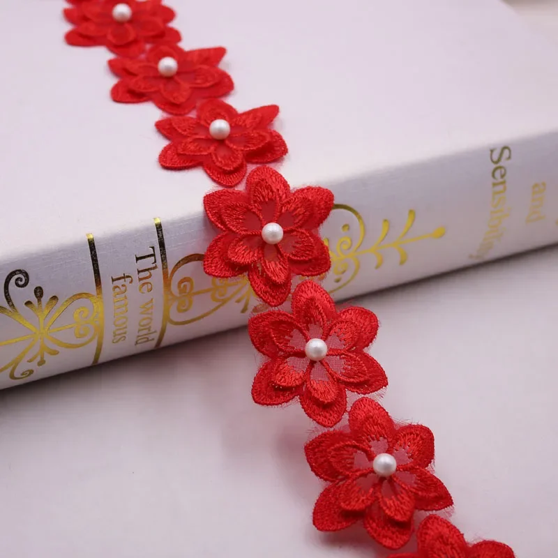 1Yards Flower Pearl Beaded Embroidered Flower Lace Ribbon Trim