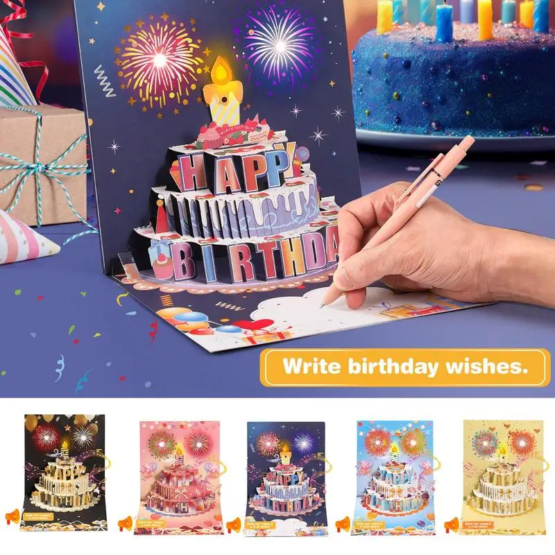 Unique 3D Pop Up Happy Birthday Card Auto Musical Greeting Card With Blowable LED Light Candle Birthday Cake Gifts