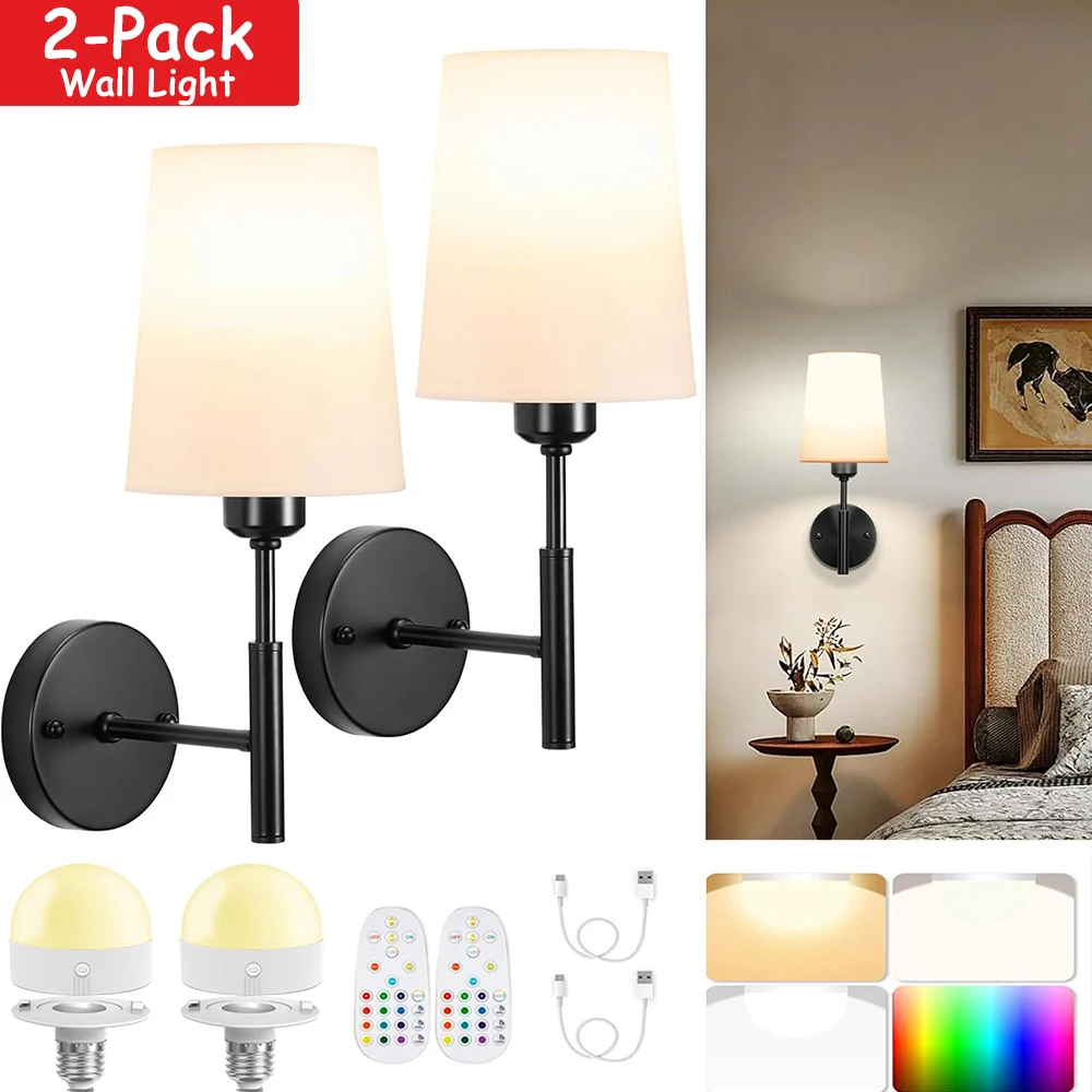 2 Pack Wiring-Free Rechargeable Battery Powered Wall Light with Dimmable, Detachable Bulb and Remote Control, Easy Installation