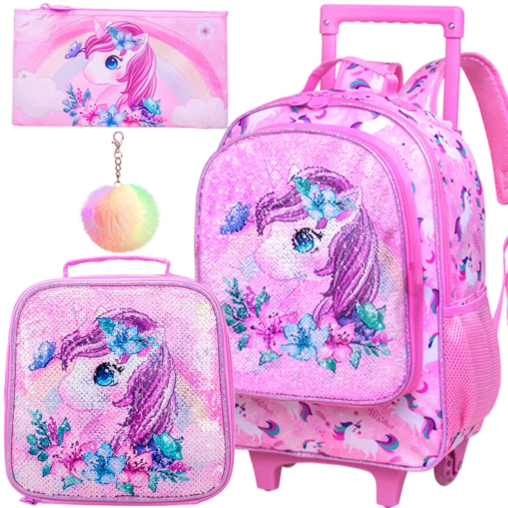TXHVO 3 zaini con rotelle per ragazze e ragazzi, con ruote per bambini, con portapranzo, zaini con ruote per elementari, Unicorni addormentati, 18 Inches, Zaini Daypack