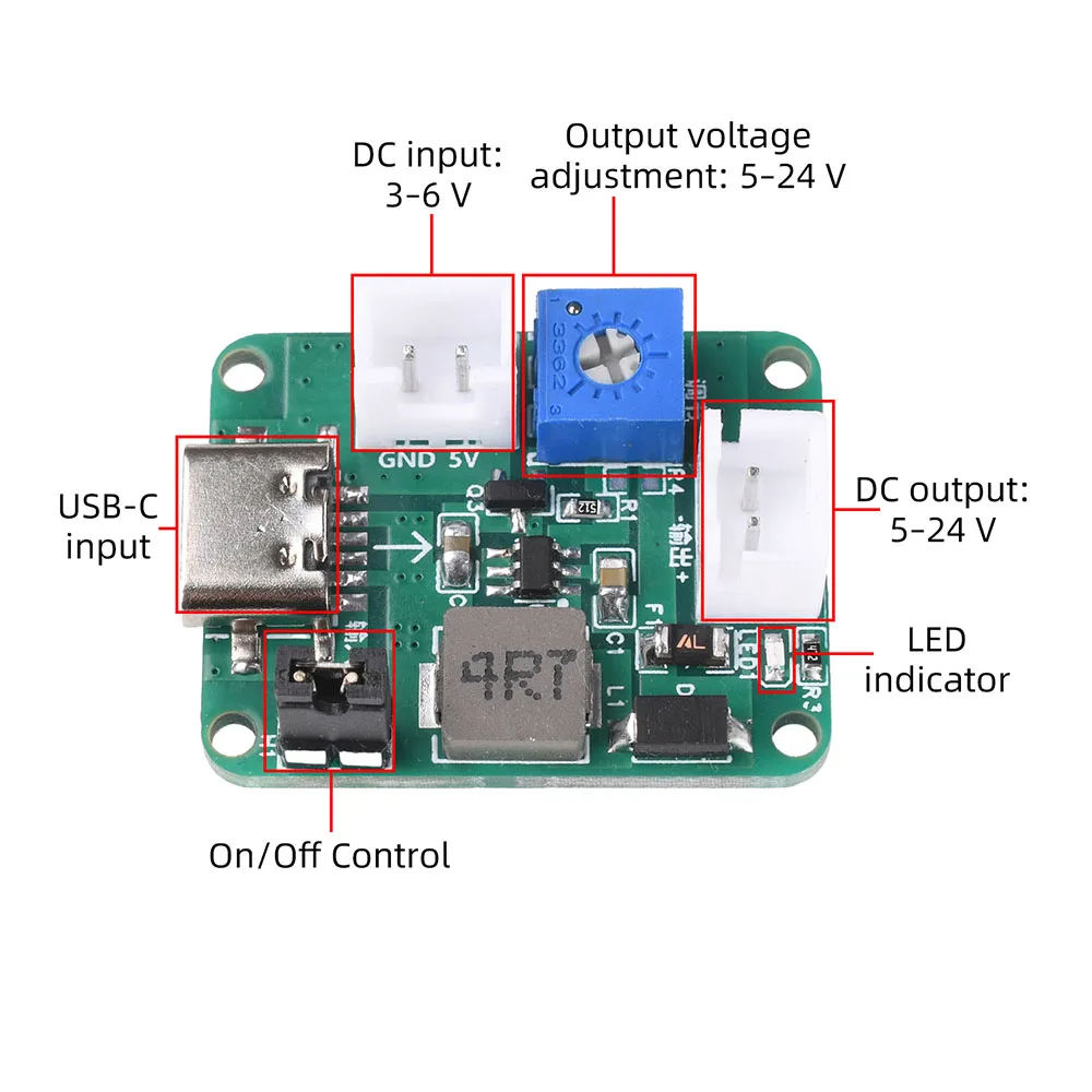 미니 조절식 부스트 모듈 DC 3-6V 듀얼 입력 - 5V 9V 12V 24V 출력 스위치 제어 단락 보호 DIY 전원 모듈