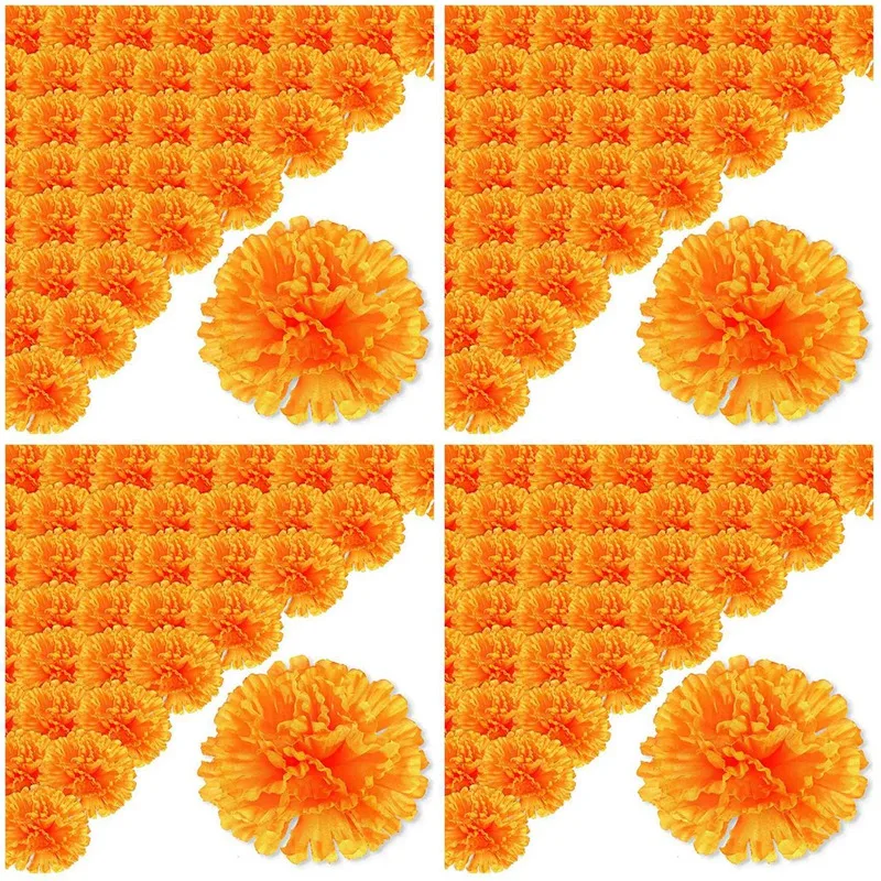 

3.9Inch Marigold Flowers Artificial Day Of The Dead Flower 200Pcs Fake Marigold Flowers Head For Marigold Garland Making