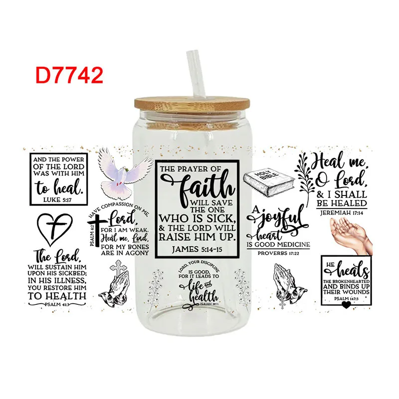 Christian Bible Faith Cross Design UV DTF Transfer Sticker WaterproofDecals For 16oz Libbey Glass Can Cup Wrap D7735 dtf transfer sticker