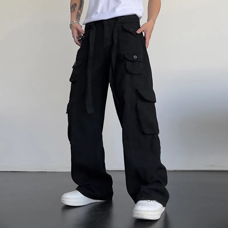 Retro Casual Large Pocket Overalls High Street Men's And Women's Trousers High Waist Loose Straight Tube Draped Wide Leg Pants